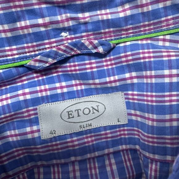 ETON Mens Button Down Shirt Plaid Check Slim Large 42 Pocket 100% Cotton Blue - Picture 2 of 8